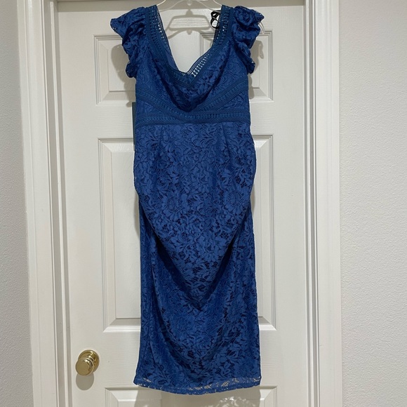 ASOS Little Mistress Maternity Lace Dress Blue  off the shoulder - Picture 7 of 11